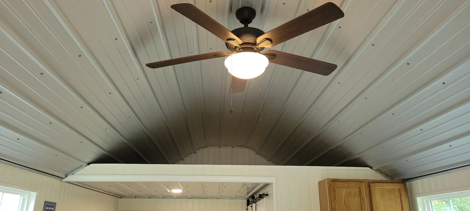 Basecamp Blue vaulted metal ceiling and ceiling fan
