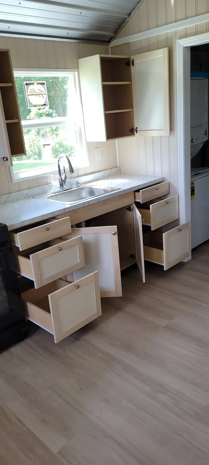 Homestead kitchen drawers and cabinets open